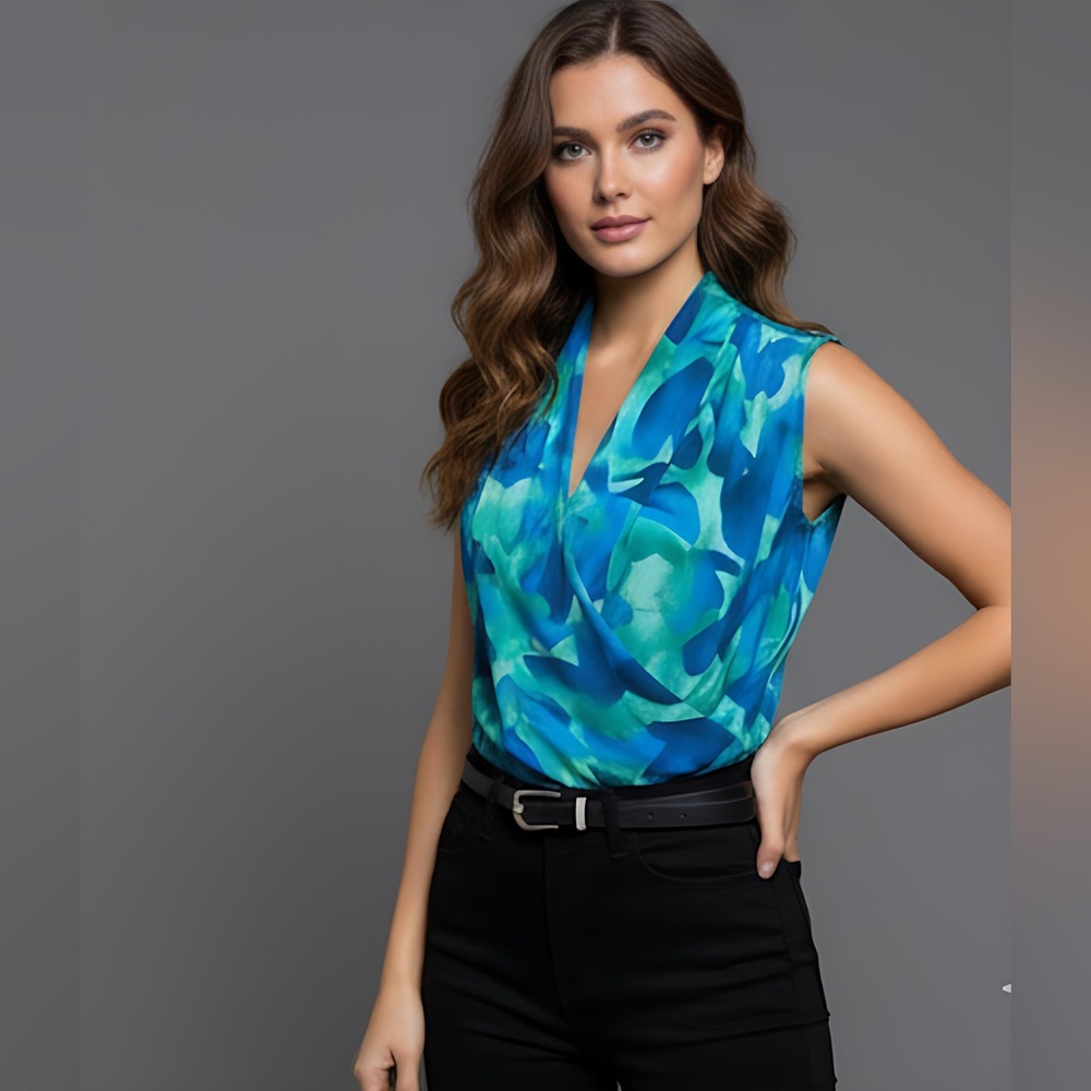 V-Neck Sleeveless Wrap Blouse Blue/Green - Picture 4 of 6